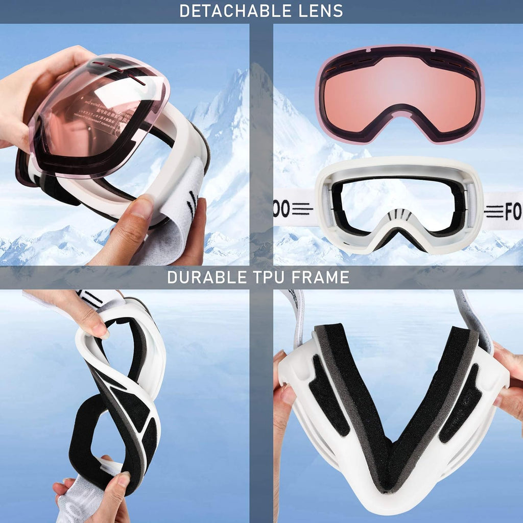 Ski Goggles for Men Women, Anti-Fog OTG Snow Snowboard Glasses with Detachable Lens for Skiing Skating, UV Protection