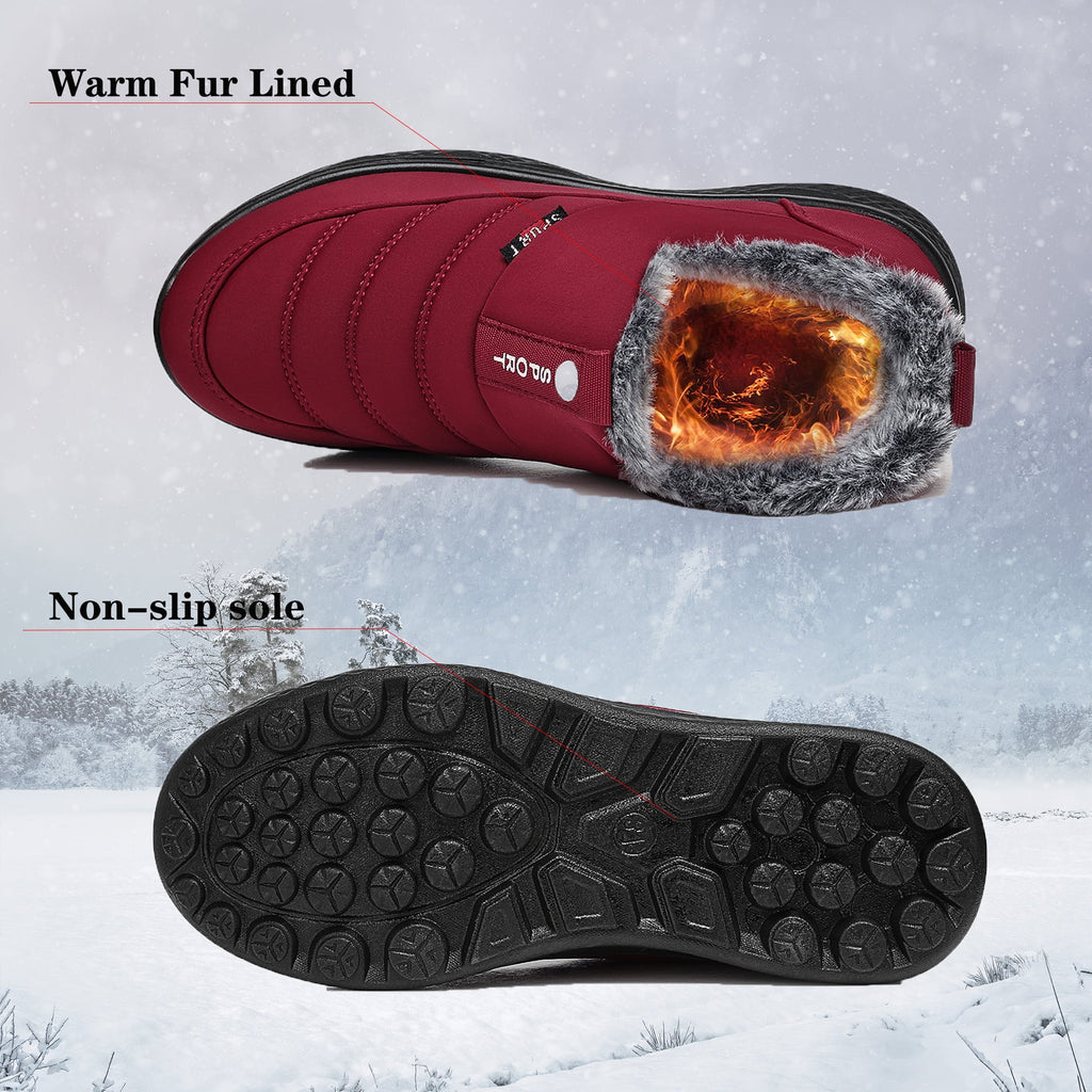 Winter Snow Boots for Women Warm Faux Fur Lined Ankle Boots Waterproof Insulated Slip on Booties Comfortable Winter Shoes Outdoor Short Red Boots