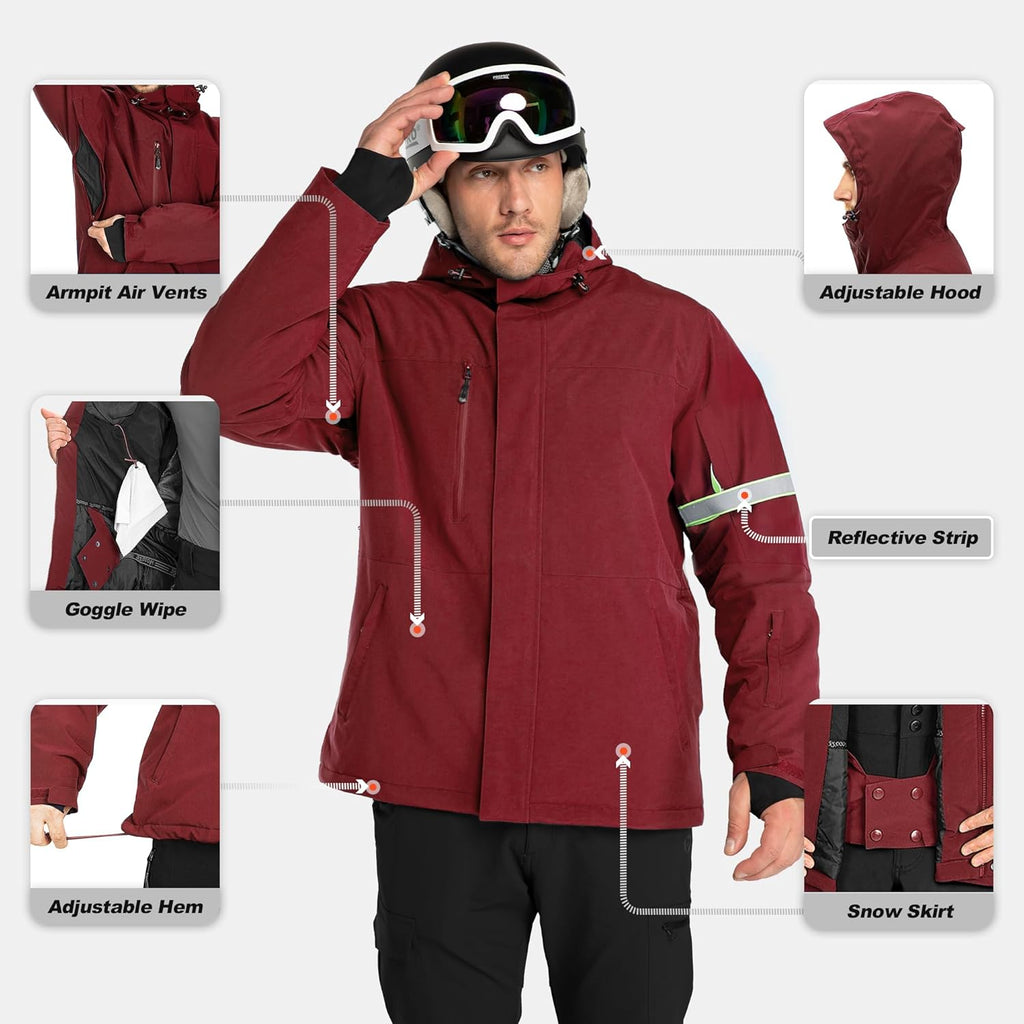 Mens Ski Jacket Waterproof Insulated Snow Jacket, Mountain Breathable Winter Jackets for Men Ski Snowboard Coat