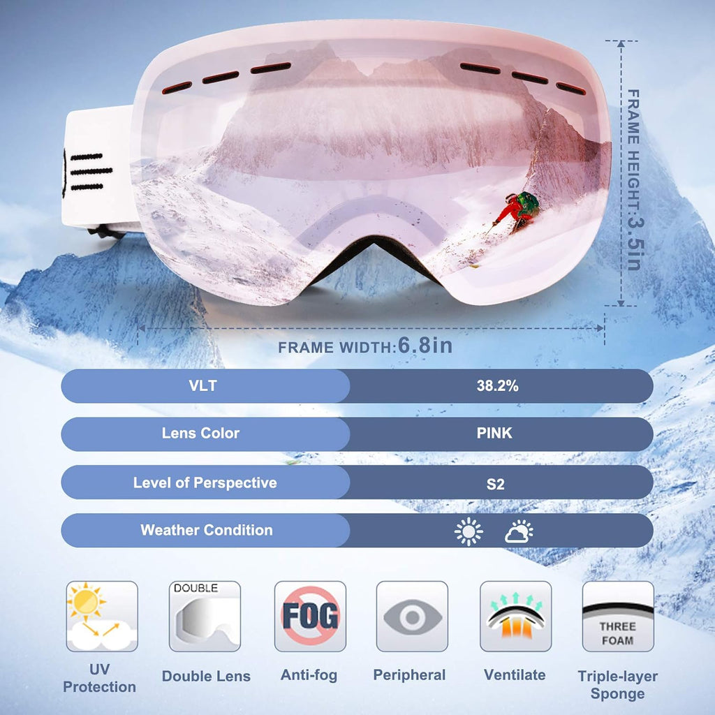 Ski Goggles for Men Women, Anti-Fog OTG Snow Snowboard Glasses with Detachable Lens for Skiing Skating, UV Protection