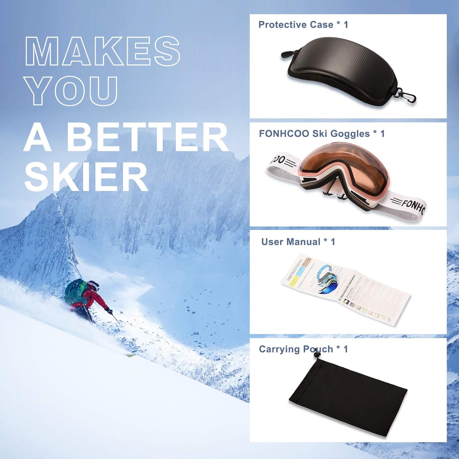 Ski Goggles for Men Women, Anti-Fog OTG Snow Snowboard Glasses with Detachable Lens for Skiing Skating, UV Protection